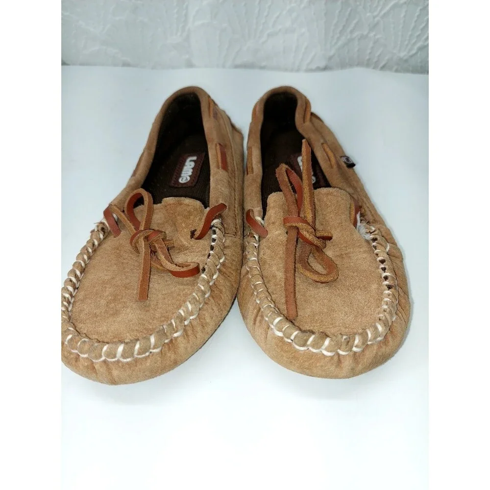 Lam Kids Moccasin Style Faux Fur Brown Suede Hard Sole Slipper Sz 1Y